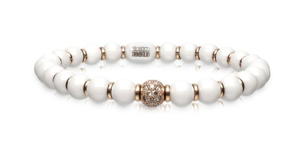 6.5mm White Ceramic Stretch Bracelet with 1 Champagne Diamond Bead and Gold Rodells