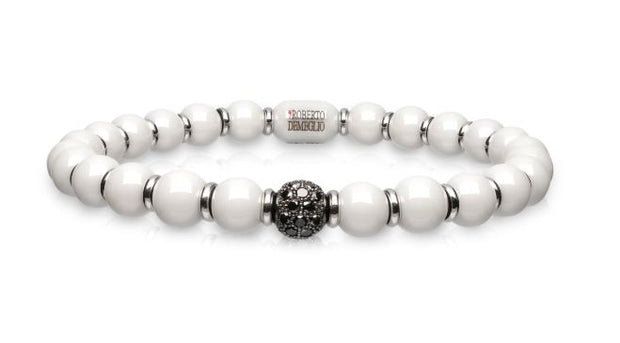 6.5mm White Ceramic Stretch Bracelet with 1 Black Diamond Bead and Gold Rodells