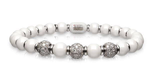 6.5mm White Ceramic Stretch Bracelet with 3 Diamond Beads and Gold Rodells