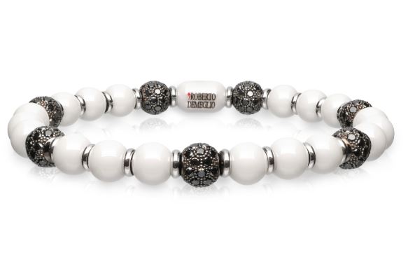 6.5mm White Ceramic Stretch Bracelet with 7 Black Diamond Beads and Gold Rodells