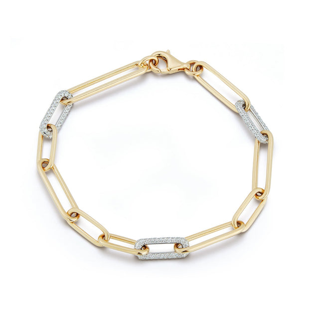 Mix Length Sold Gold Paperclip Bracelet with Three Pave Diamond Link