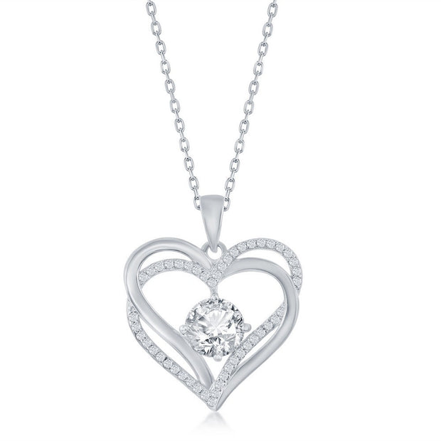 Sterling Silver Double Heart "April" Birthstone CZ Pendant w/Chain - White CZ
