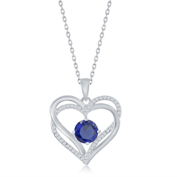 Sterling Silver Double Heart "September" Birthstone CZ Pendant w/Chain - Sapphire CZ