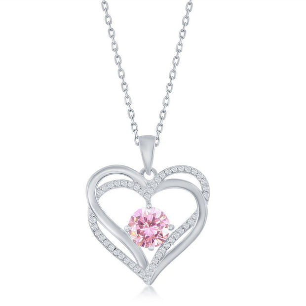 Sterling Silver Double Heart "October" Birthstone CZ Pendant w/Chain  - Pink CZ