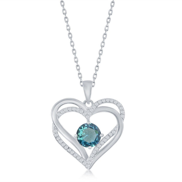 Sterling Silver Double Heart "December" Birthstone CZ Pendant w/Chain - Blue CZ