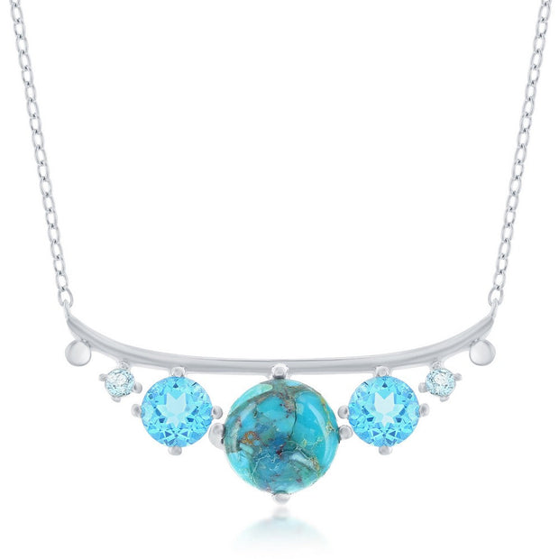Sterling Silver Graduating Round Turquoise and Blue CZ Necklace