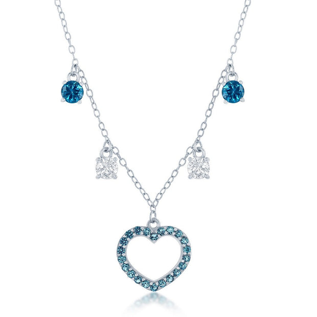 Sterling Silver Station White & Blue CZ Heart Necklace