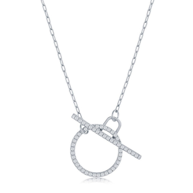 Sterling Silver Paperclip CZ Circle Toggle Necklace