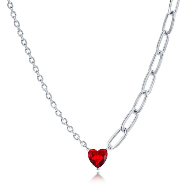 Sterling Silver Heart Ruby CZ, Half Cable & Paperclip Chain Necklace