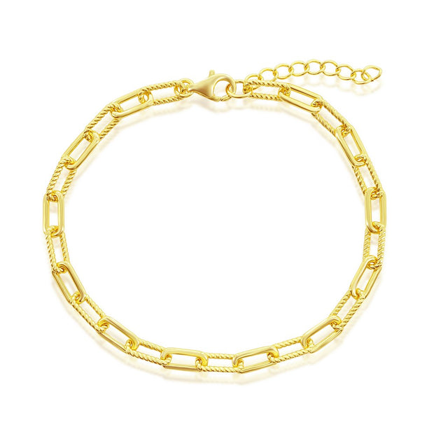 Sterling Silver Polished & Rope Design Paperclip Bracelet - Gold Plated