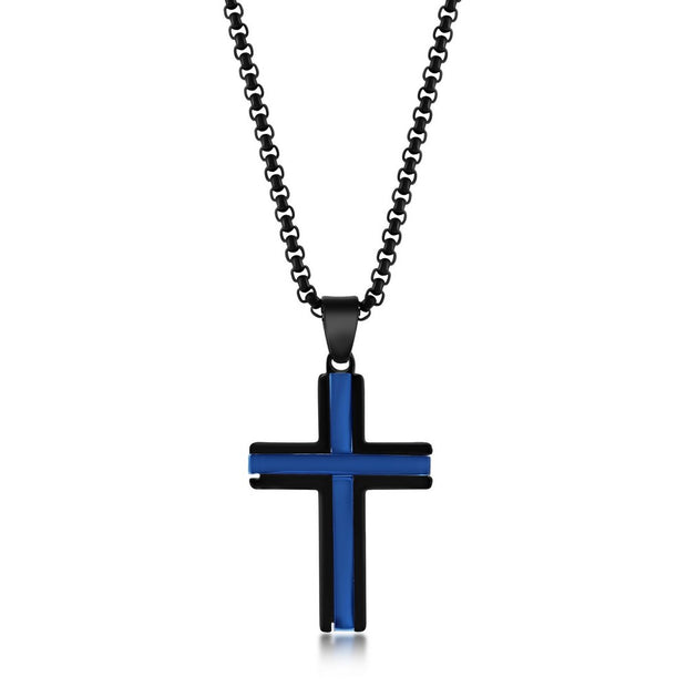 Stainless Steel Black & Blue Plated Cross Necklace