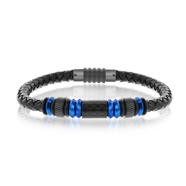 Blue Stainless Steel w/ Black Carbon Fiber Genuine Leather Bracelet
