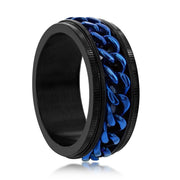 Stainless Steel Blue Cuban Link Ring - Black Plated
