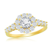Sterling Silver Round Halo CZ Flower Design Engagement Ring - Gold Plated