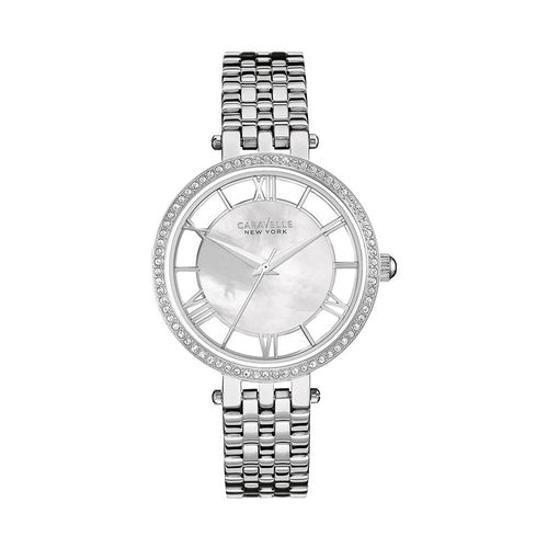 Caravelle Women's Glitz Bezel Stainless Steel Case and Bracelet Pearl Dial Silver Watch - 43L183