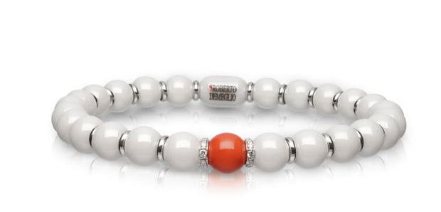 6.5mm White Ceramic Stretch Bracelet with 1 Coral and 2 Diamond Beads with Gold Rodells