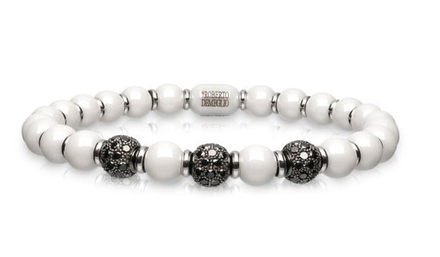 6.5mm White Ceramic Stretch Bracelet with 3 Black Diamond Beads and Gold Rodells