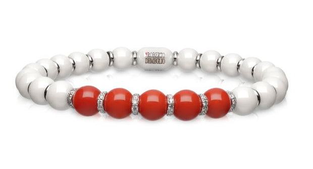 6.5mm White Ceramic Stretch Bracelet with 5 Coral,  6 Diamond Beads and Gold Rodells