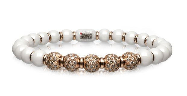 6.5mm White Ceramic Stretch Bracelet with 5 Champagne Diamond Beads and Gold Rodells