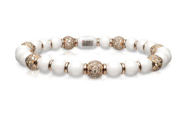 6.5mm White Ceramic Stretch Bracelet with 7 Champagne Diamond Beads and Gold Rodells