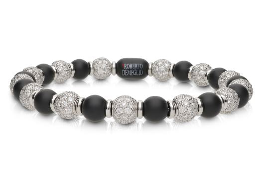 6.5mm Matte Black Ceramic Stretch Bracelet and Alternating Diamond Beads with Gold Rodells