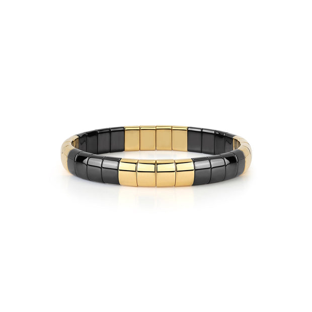 18K Yellow Gold Overlay and Black Ceramic Wide Stretch Bracelet