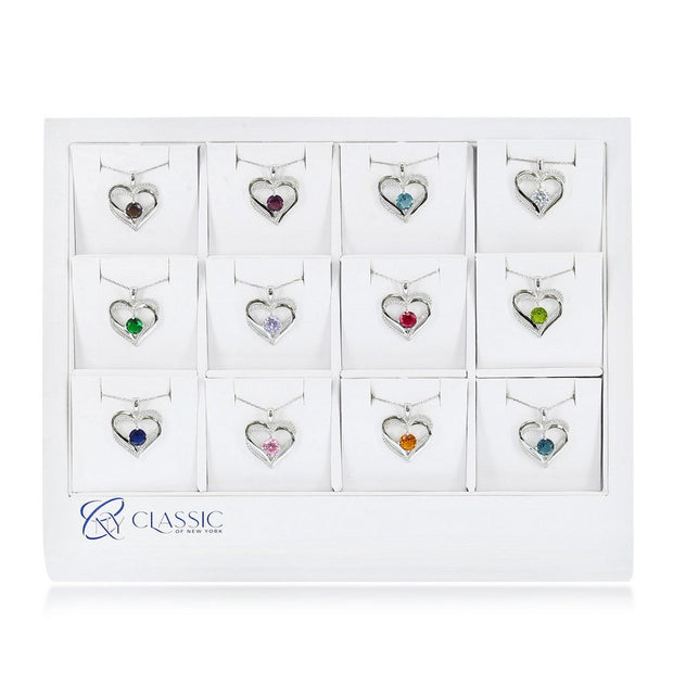 Set of 12, Double Heart CZ Birthstone Necklaces on a White Leatherette Display