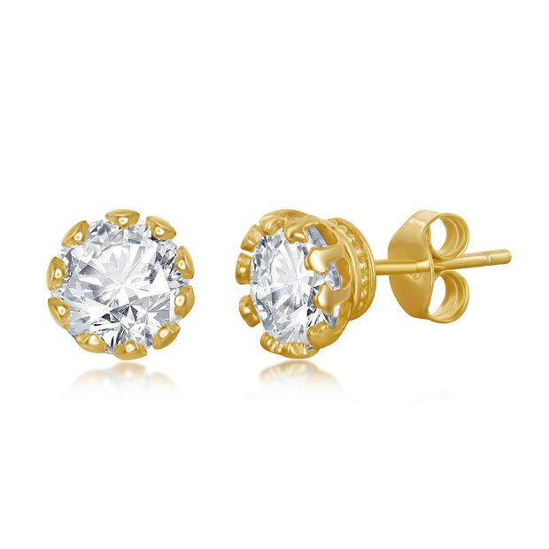 Set of 5 Sterling Silver Crown Set Prong Round 7mm CZ Stud Earrings - Gold Plated