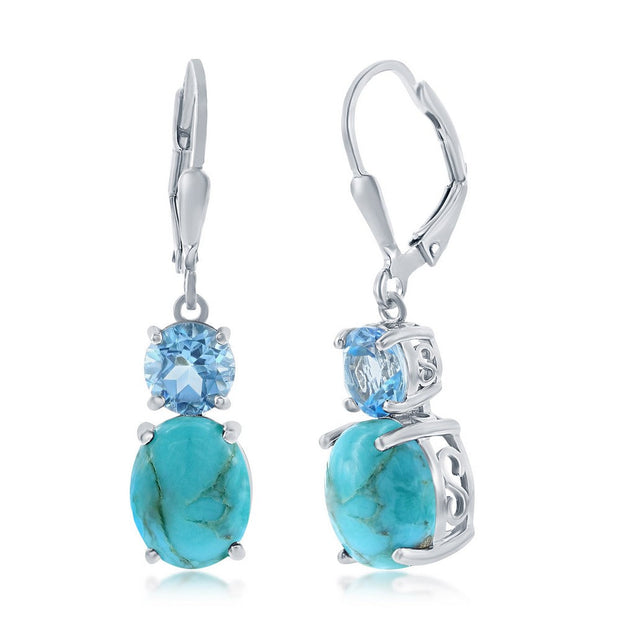 Sterling Silver Oval Turquoise & Round Gem Earrings - Blue Topaz