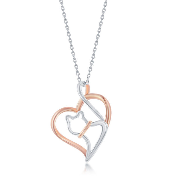 Sterling Silver Rose Gold Heart Cat Pendant - Two-Tone