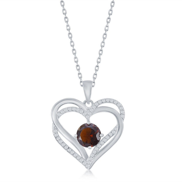 Sterling Silver Double Heart "January" Birthstone CZ Pendant w/Chain - Garnet CZ