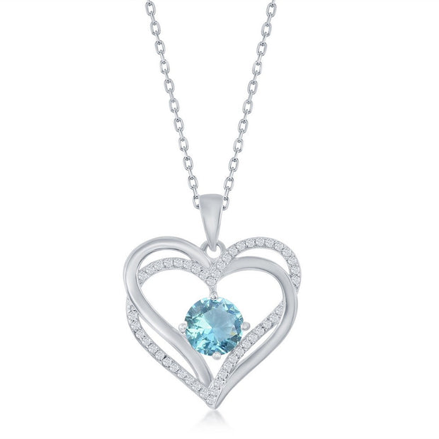 Sterling Silver Double Heart "March" Birthstone CZ Pendant w/Chain - Aqua CZ