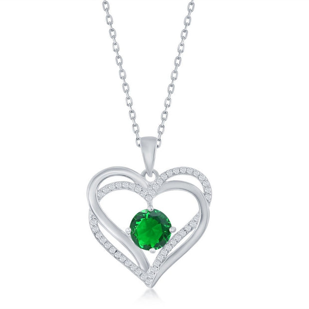 Sterling Silver Double Heart "May" Birthstone CZ Pendant w/Chain - Emerald CZ