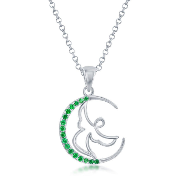 Sterling Silver Angel Crescent Moon Pendant - Emerald CZ