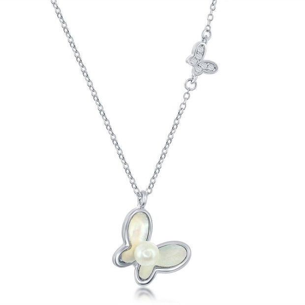 Sterling Silver MOP & FWP with CZ Butterfly Necklace