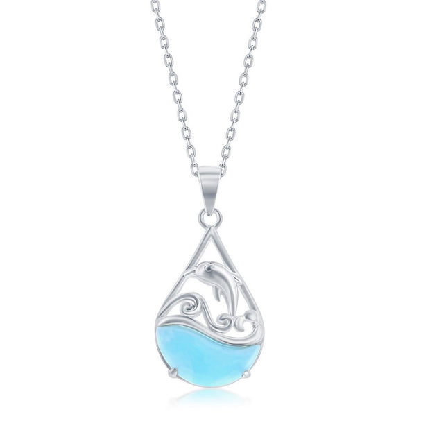 Sterling Silver Leaping Dolphin Pearshaped Larimar Necklace