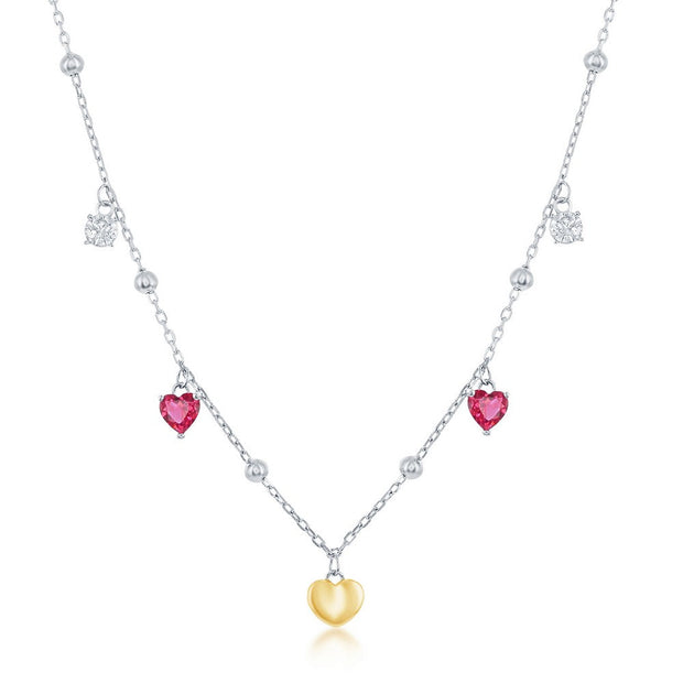 Sterling Silver White & Ruby CZ Heart Beaded Necklace - Gold Plated