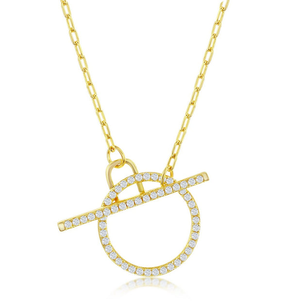 Sterling Silver Paperclip CZ Circle Toggle Necklace - Gold Plated