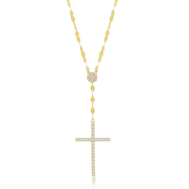 Sterling Silver CZ Cross Mirror Chain Necklace - Gold Plated