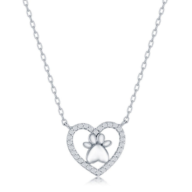 Sterling Silver Heart Paw Print CZ Necklace
