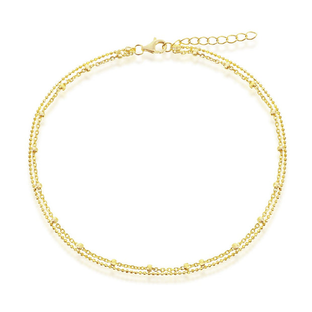Sterling Silver Double Strand Beaded Anklet - Gold Plated