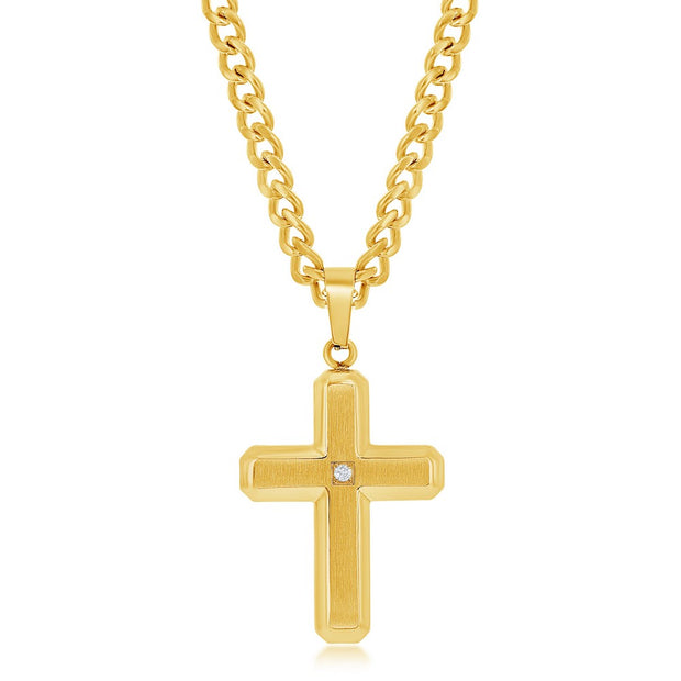 Stainless Steel Brushed & Polished w/ Single CZ Cross Necklace - Gold Plated