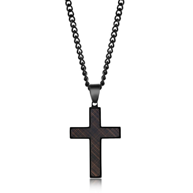 Stainless Steel Black & Lined Rose Gold Cross