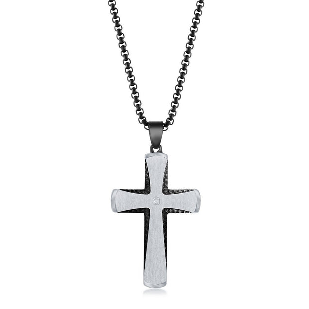 Stainless Steel Black & Silver Single CZ Cross Necklace
