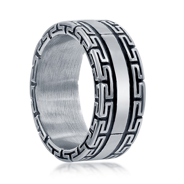 Stainless Steel Oxidized Greek Key Ring