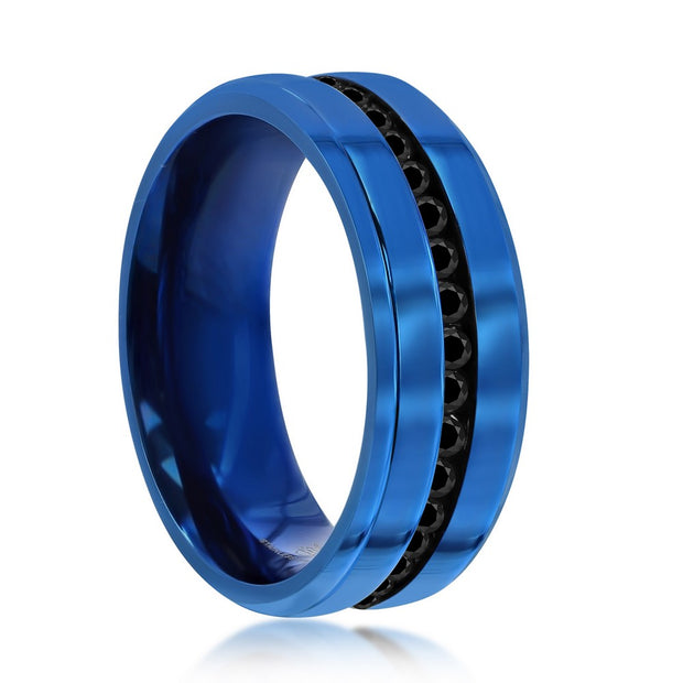 Stainless Steel Blue w/ Black CZ Eternity Band Ring