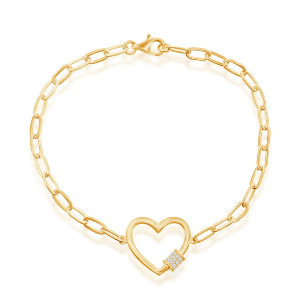 Sterling Silver Heart w/CZ Rod Paperclip Bracelet - Gold Plated