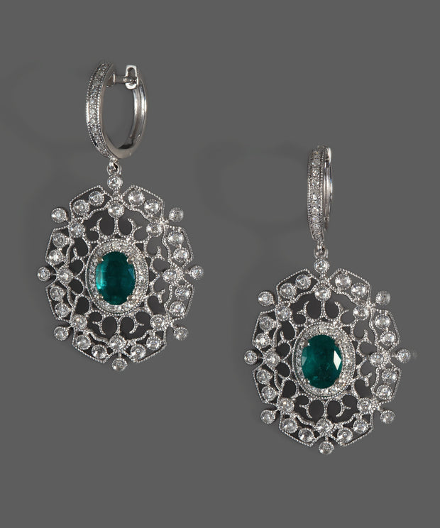Effy 14K White Gold Diamond,Natural Emerald Earrings