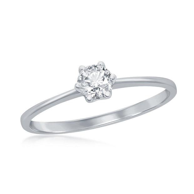 Sterling Silver, 4mm Round Solitaire CZ  6-prong Engagement Ring