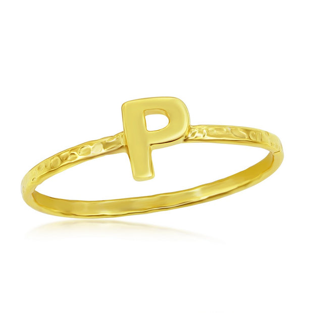 Sterling Silver 'P' Initial Hammered Band Ring - Gold Plated